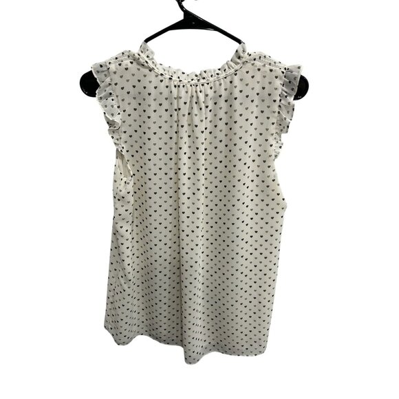 Heart-Printed Ivory Sleeveless Blouse With Ruffled Detail V-Neckline - Picture 2 of 9